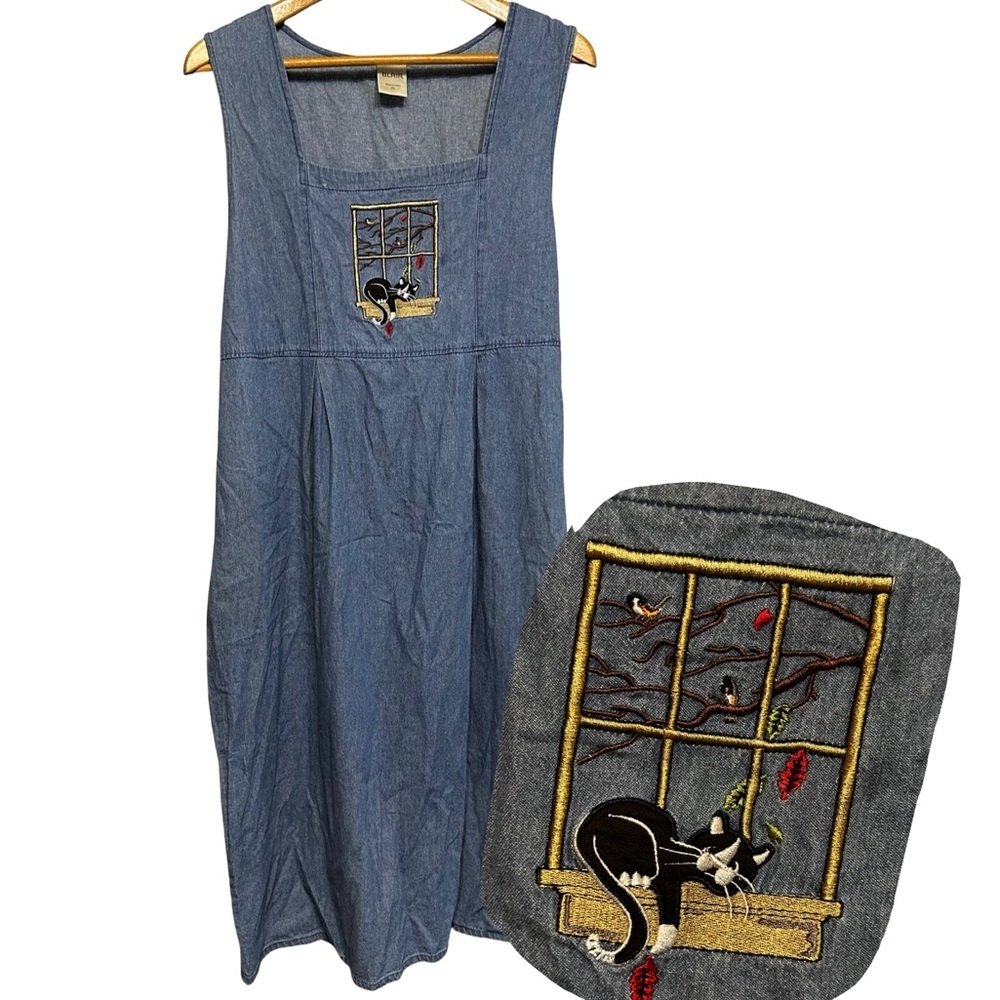 VTG y2k Denim Jumper Dress SZ PL Embroidered Cat Window Cottagecore Pinafore